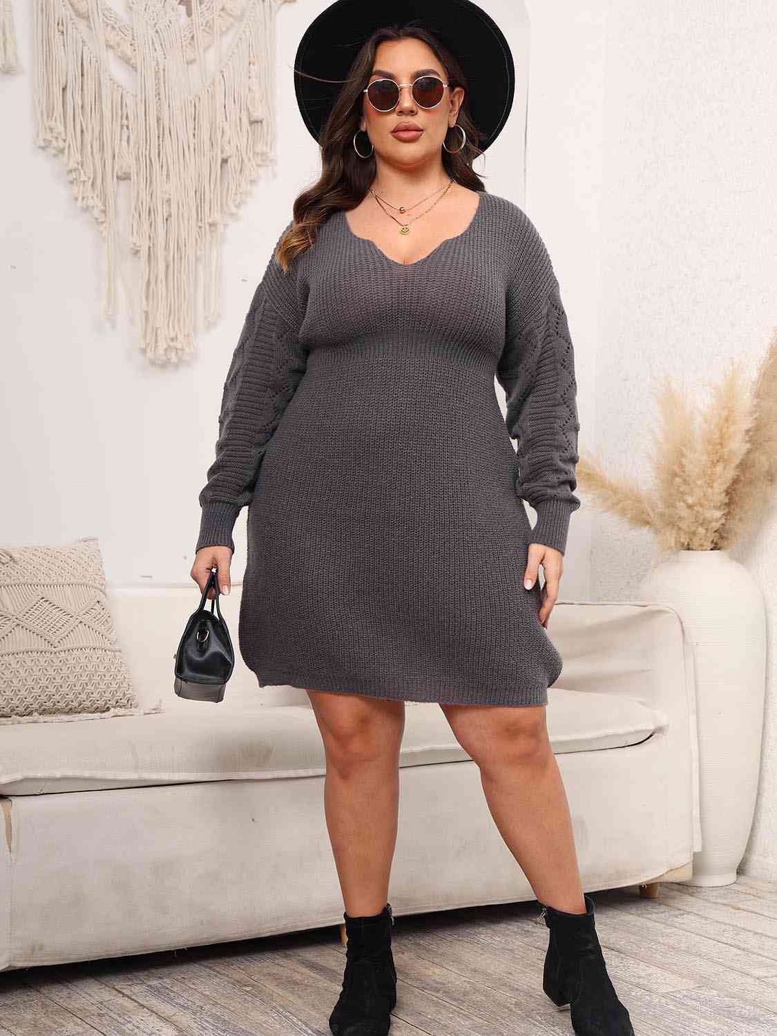 Plus Size Dropped Shoulder Long Sleeve Knit Mini Dress  [Click for additional options]