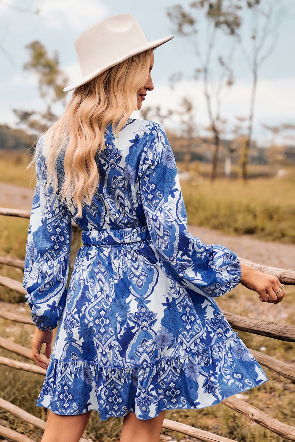 Printed Surplice Neck Long Sleeve Dress [Click for more Options]
