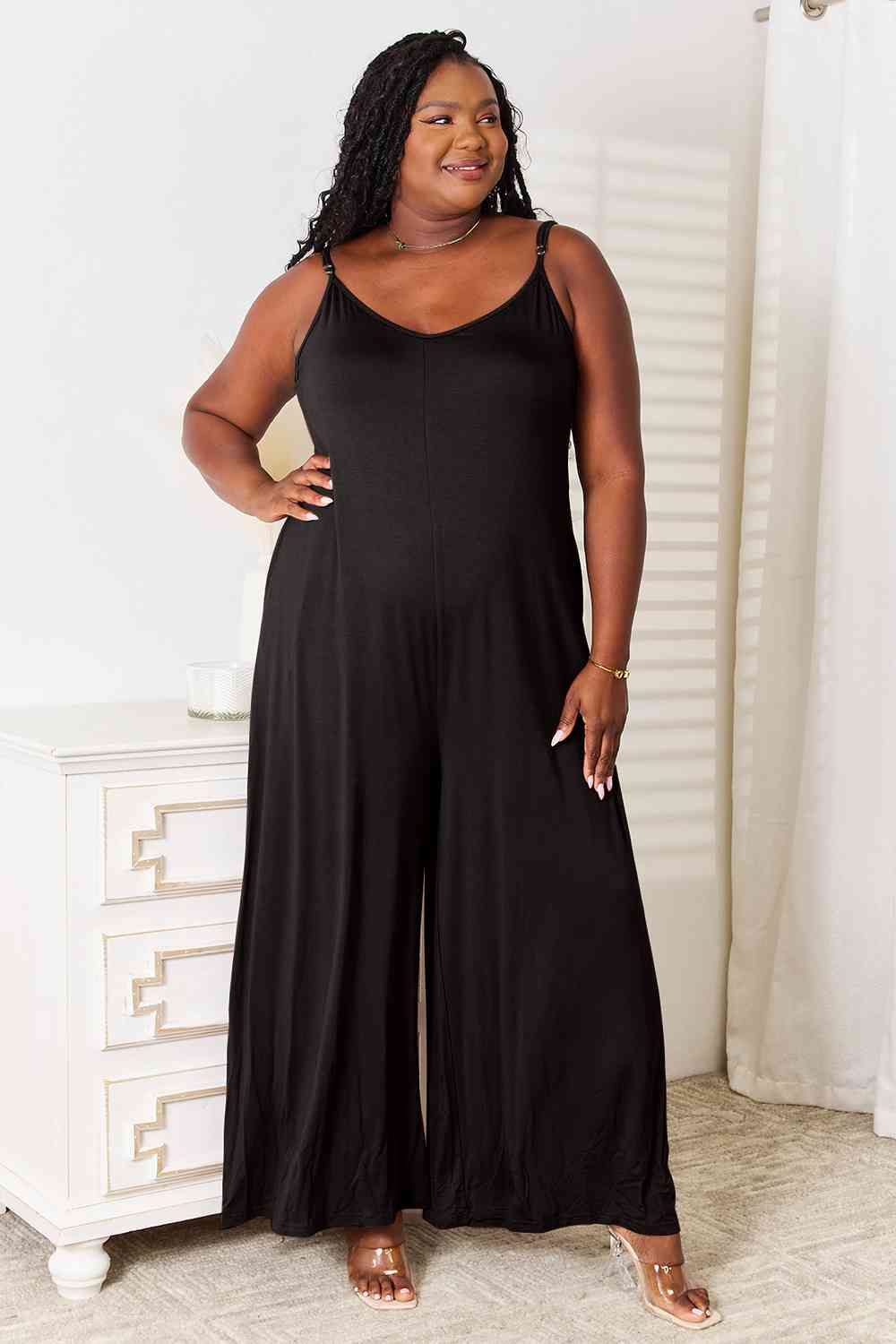 Double Take Full Size Soft Rayon Spaghetti Strap Tied Wide Leg Jumpsuit   (Click for Additional Color Options)