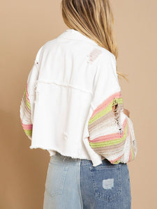 Distressed Striped Long Sleeve Denim Jacket Additional Options Available