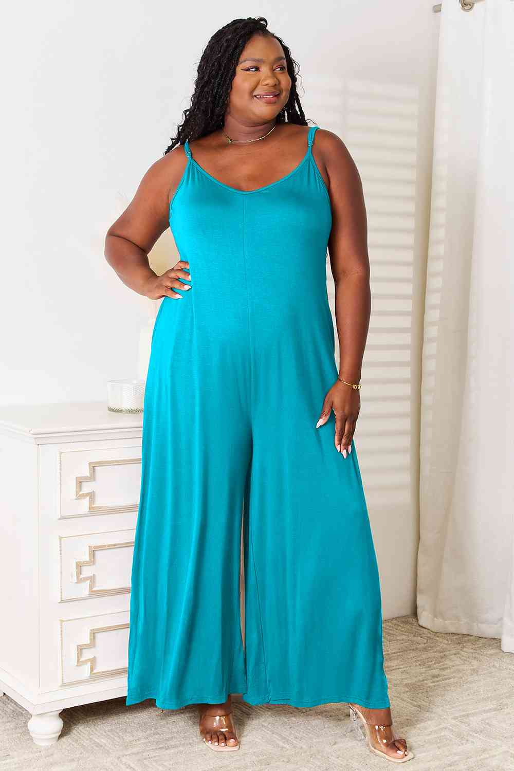 Double Take Full Size Soft Rayon Spaghetti Strap Tied Wide Leg Jumpsuit   (Click for Additional Color Options)