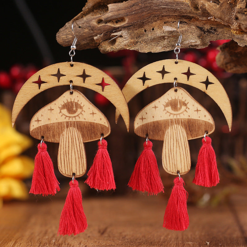 Moon & Mushroom Tassel Detail Dangle Earrings Additional Options Available