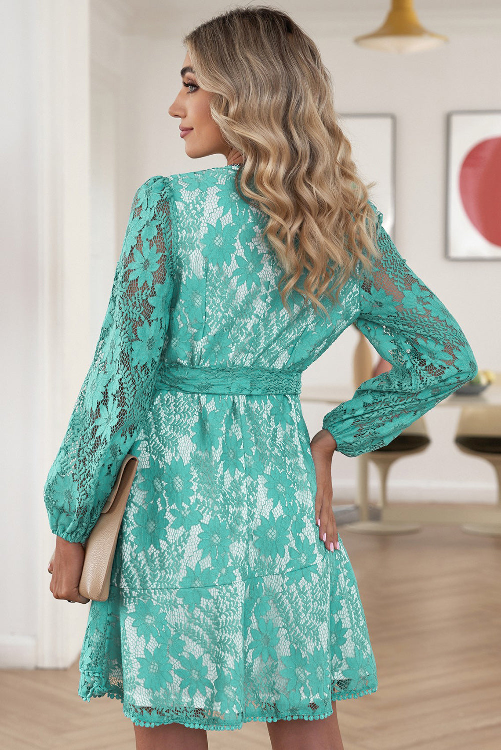 Pompom Trim Puff Sleeve Belted Lace Dress in Multiple Color Options