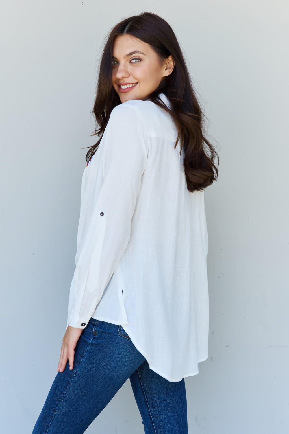 ODDI Floral Embroidered Detail Button-Down Shirt
