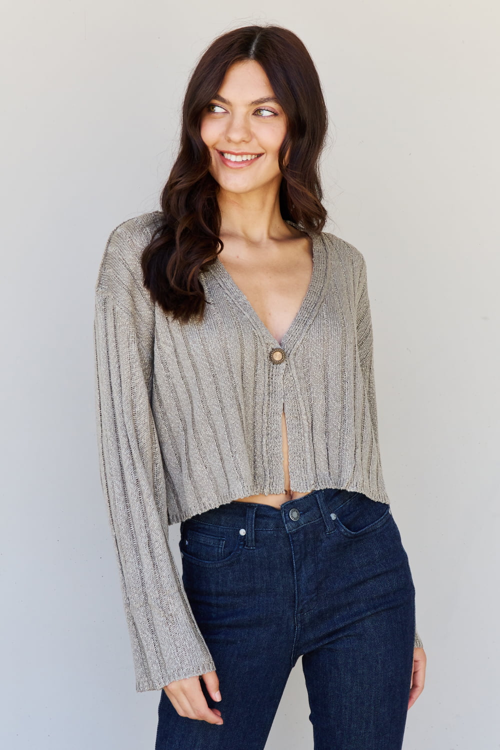 POL Hear Me Out Semi Cropped Ribbed Cardigan in Sage