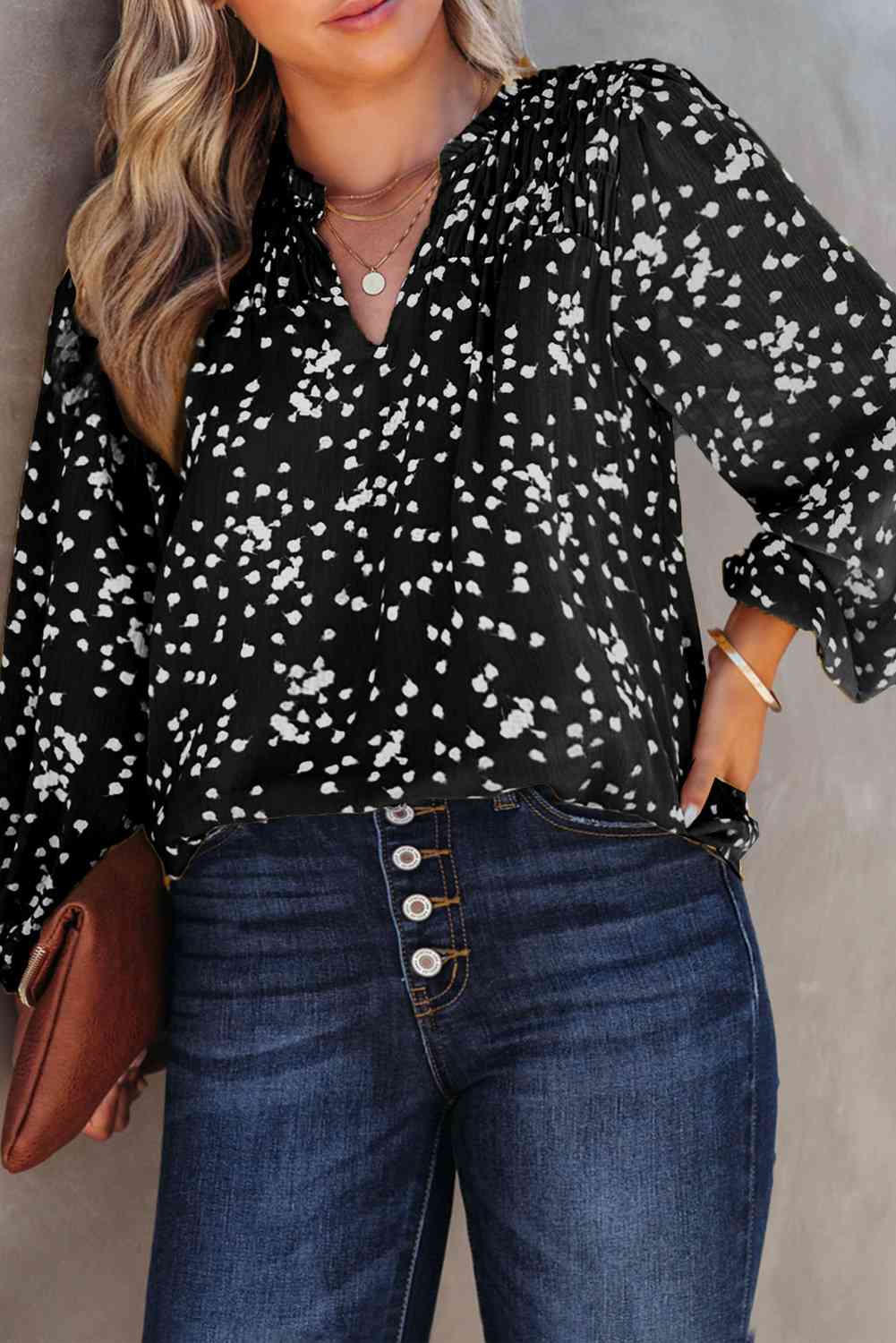 Plus Size Notched Neck Smocked Blouse  [Click for additional options]