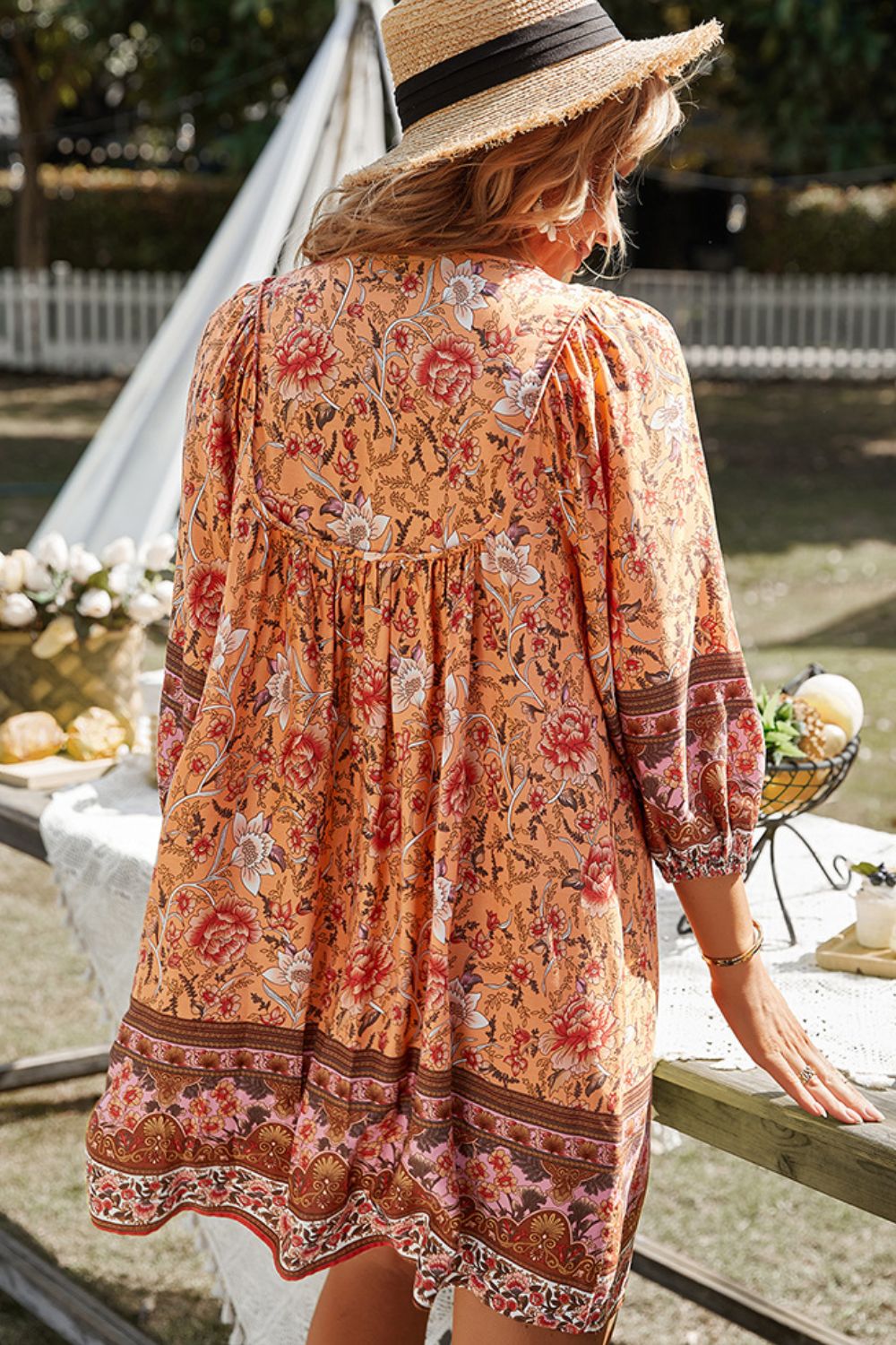 Bohemian Tie Neck Balloon Sleeve Dress [click for additional options]