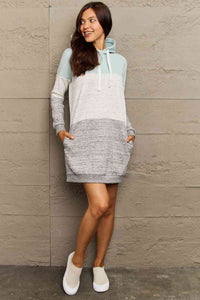 Ninexis Full Size Color Block Dropped Shoulder Hooded Mini Dress