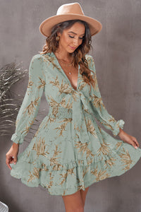 Floral Deep V Flounce Sleeve Mini Dress Available in Multiple Color Options