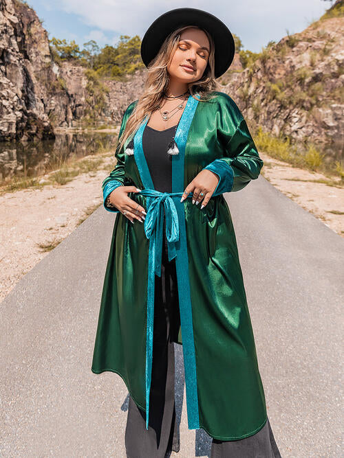 Plus Size Embroidery Contrast Tie Front Long Sleeve Robe