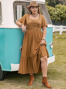 Plus Size Square Neck Short Sleeve Ruffle Hem Dress   (Click for Additional Color Options)