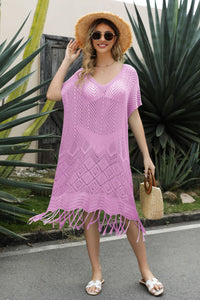 V-Neck Short Sleeve Fringe Hem Knit Dress [ Click for more Options]