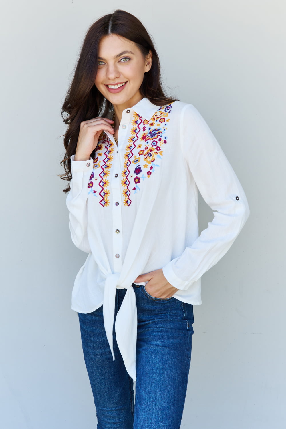 ODDI Floral Embroidered Detail Button-Down Shirt