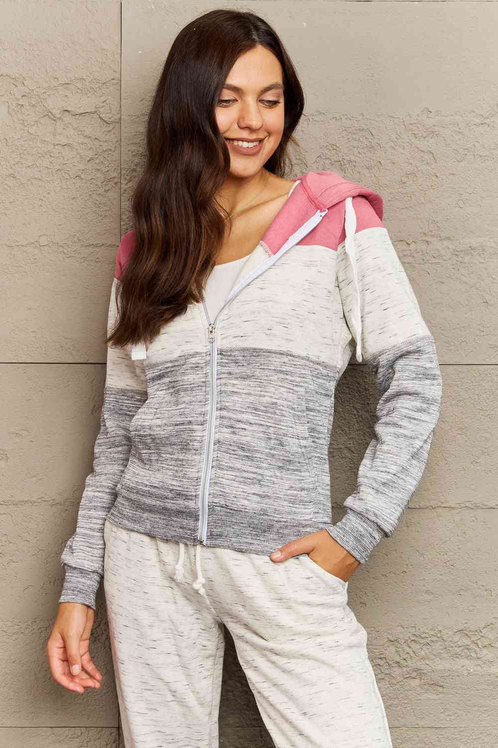 Ninexis Full Size Color Block Zip-Up Hooded Jacket  [Click for additional options]