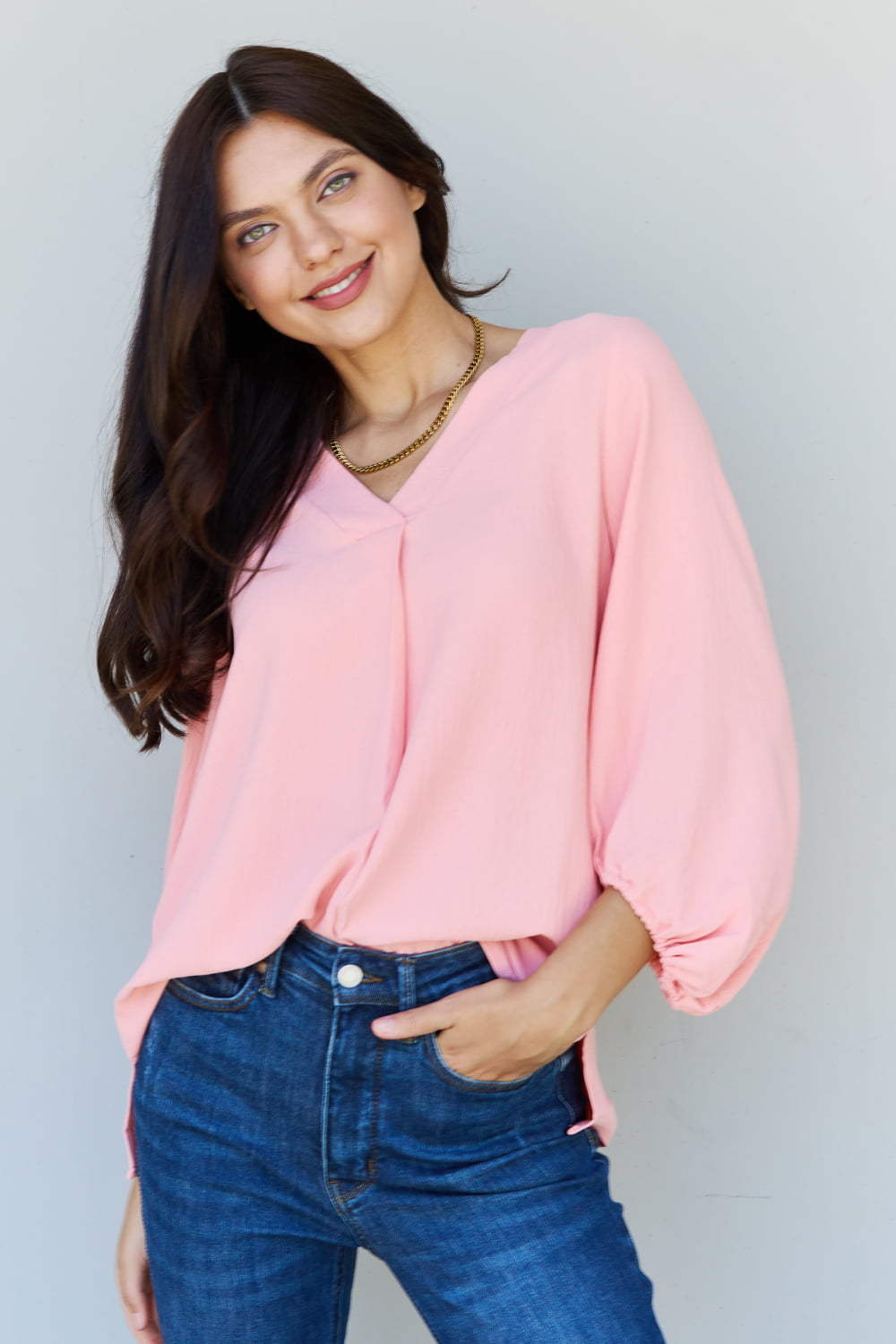ODDI Full Size Balloon Sleeve Woven Blouse