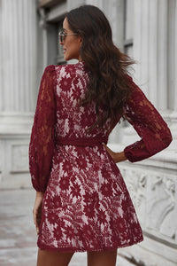 Pompom Trim Puff Sleeve Belted Lace Dress in Multiple Color Options