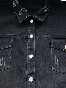 Raw Hem Collared Neck Long Sleeve Denim Jacket Additional Options Available
