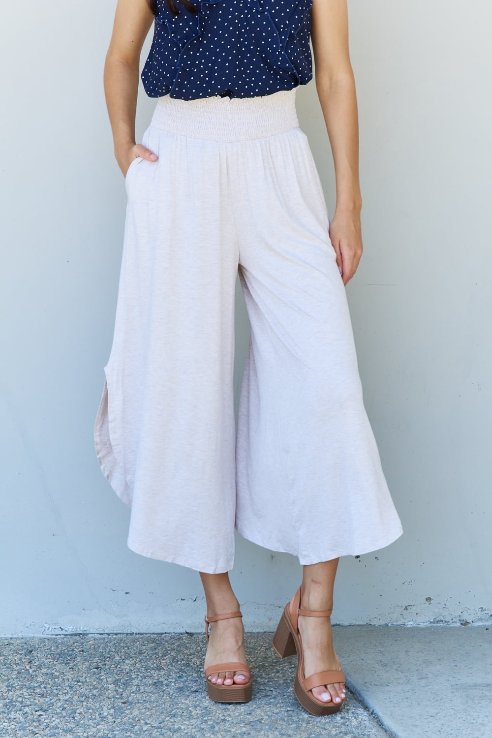 ODDI Full Size Wide Leg Palazzo Pants in Oatmeal