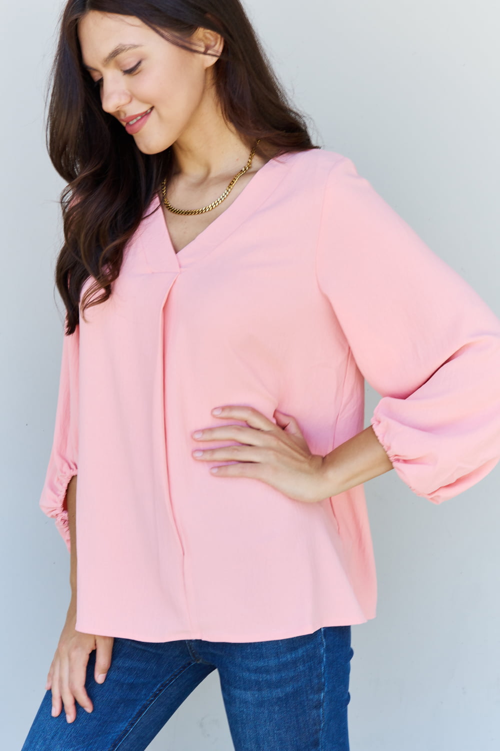 ODDI Full Size Balloon Sleeve Woven Blouse