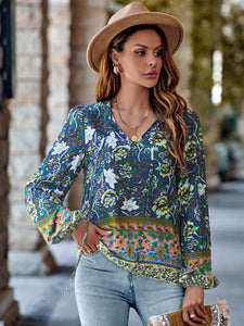 Printed Tie Neck Long Sleeve Blouse Multiple Options Available