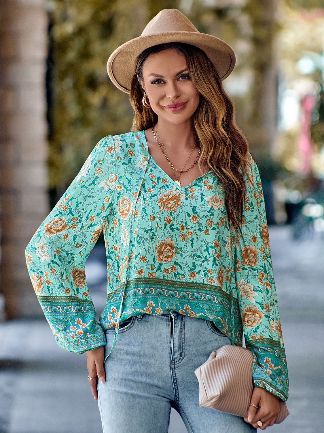 Printed Tie Neck Long Sleeve Blouse [Click for Multiple Options ]