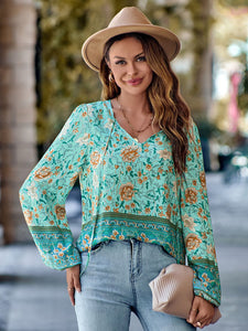 Printed Tie Neck Long Sleeve Blouse Multiple Options Available