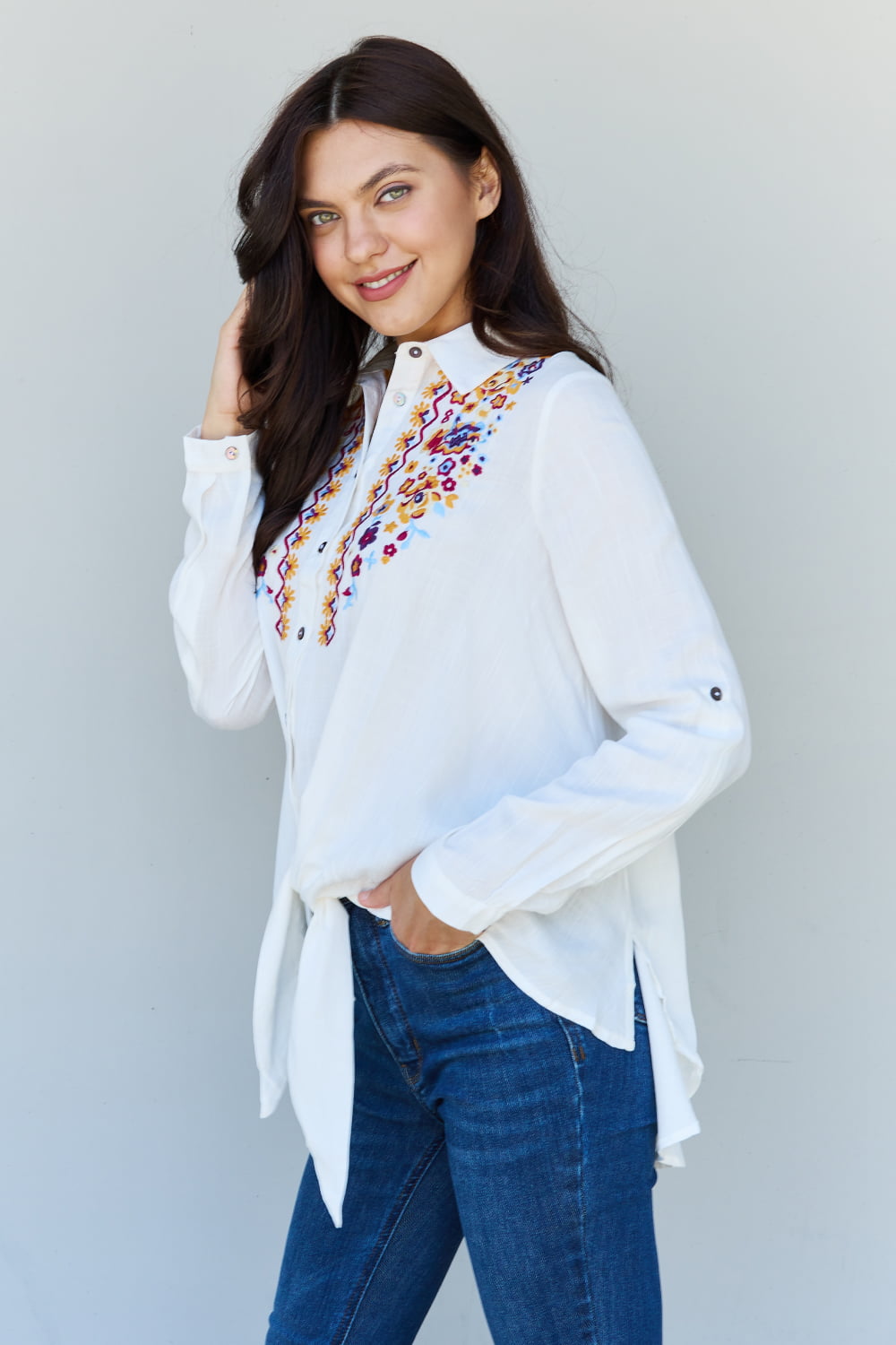 ODDI Floral Embroidered Detail Button-Down Shirt