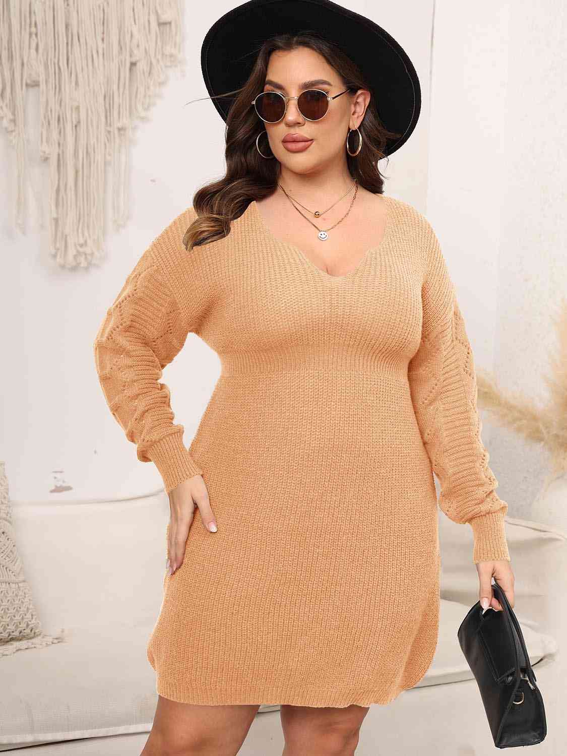Plus Size Dropped Shoulder Long Sleeve Knit Mini Dress  [Click for additional options]
