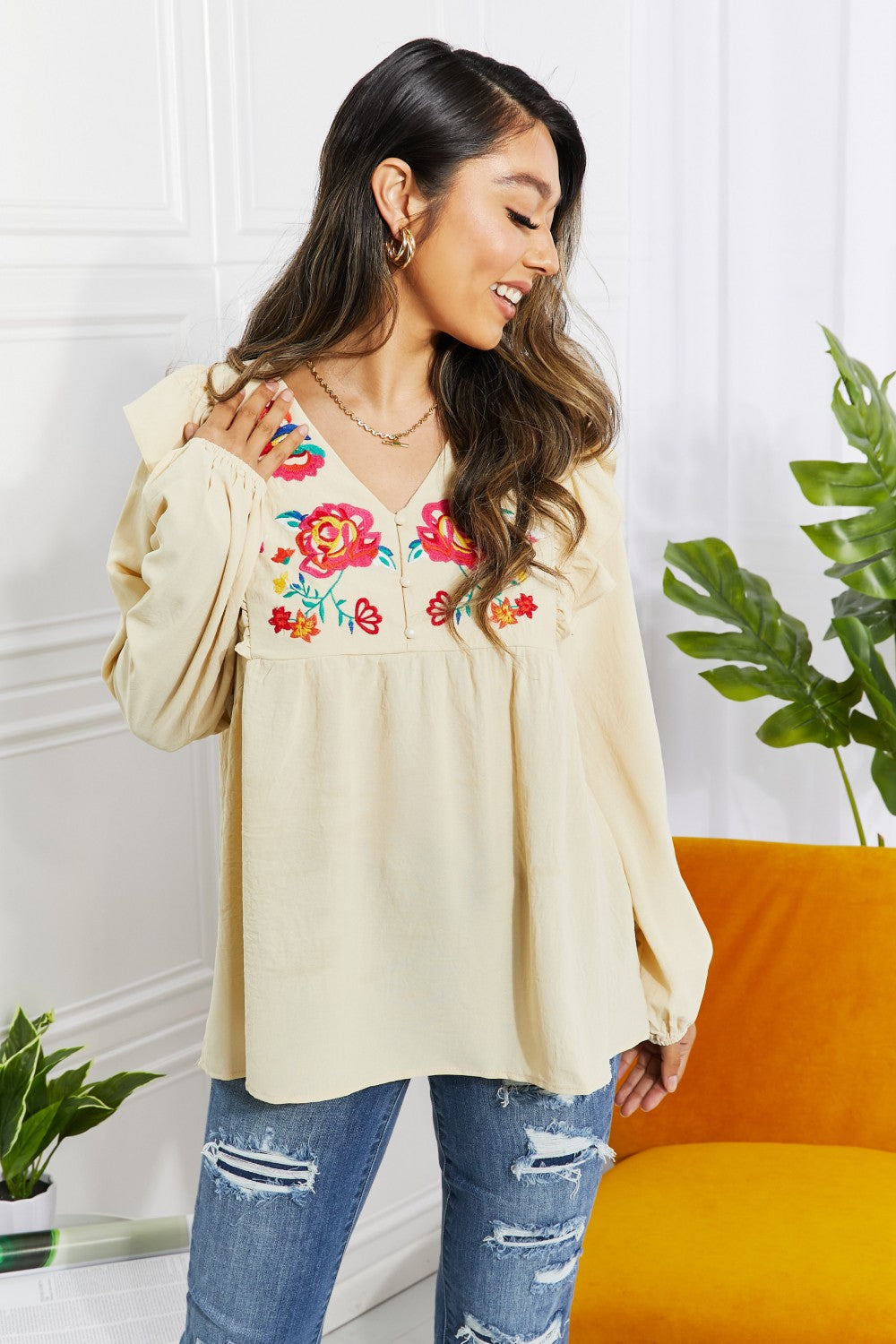 ODDI Full Size Just Like Mama Embroidered Blouse
