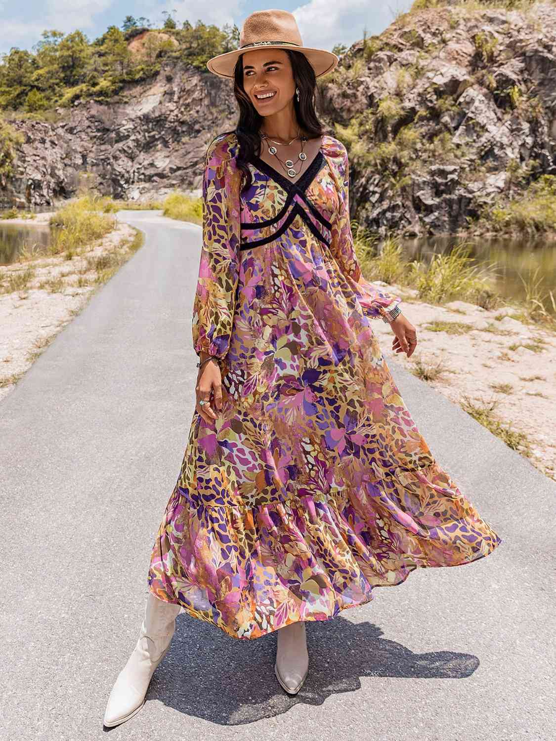 Printed V-Neck Long Sleeve Dress  [Click for additional options]