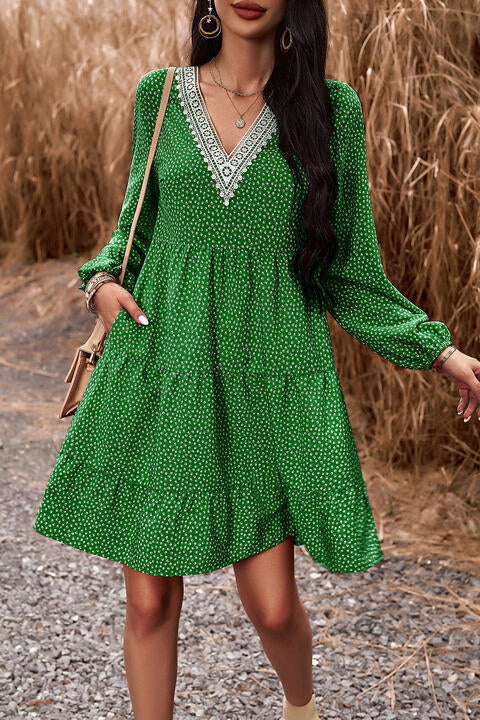 Lace Trim V-Neck Long Sleeve Dress  [Click for additional options]