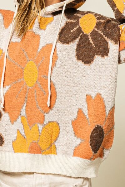 BiBi Flower Pattern Drawstring Hooded Sweater